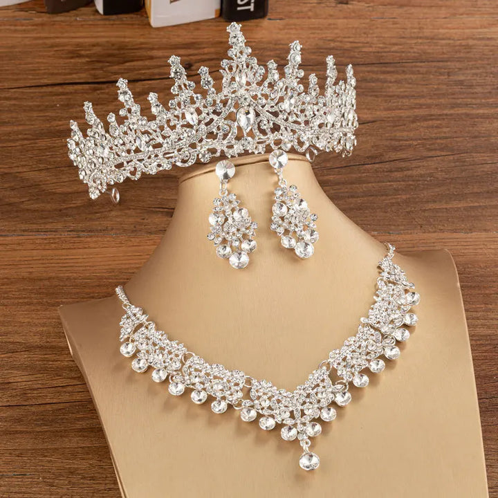 Luxury Crystal Bridal Jewelry Set - Silver Choker Necklace, Water Drop Earrings & Tiara