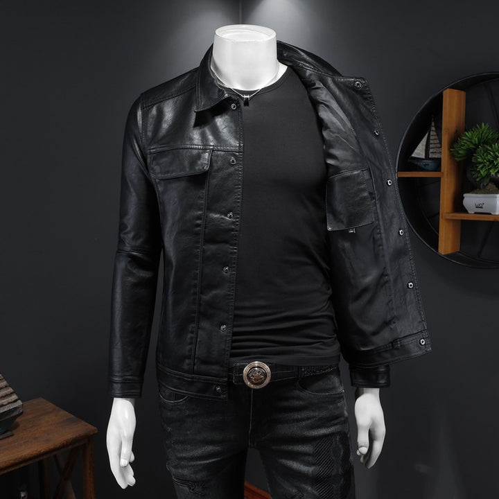 Men's Long-sleeved Lapel Motorcycle Pu Handsome Leather Coat