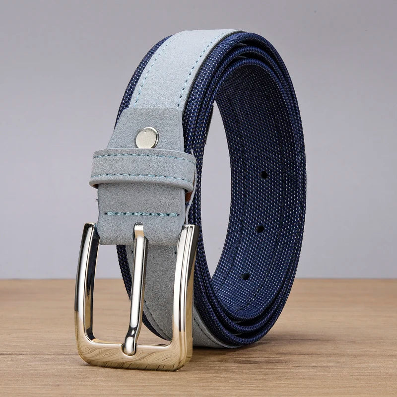 Men’s Suede Leather Belt with Oxford Fabric Strap – Genuine Leather Luxury Pin Buckle