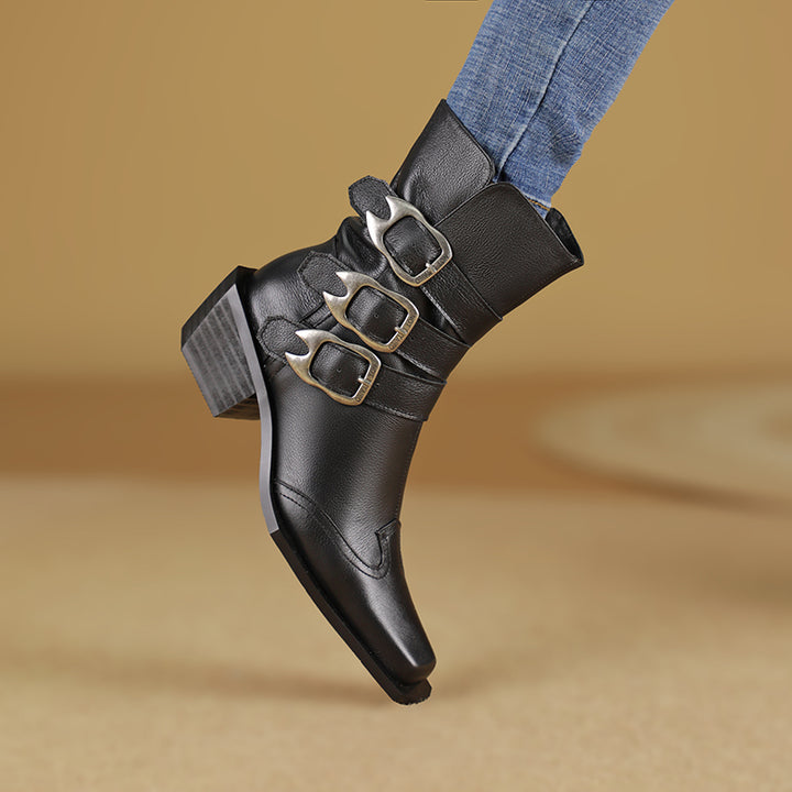 Genuine Leather Square Toe Chunky Heel Ankle Boots