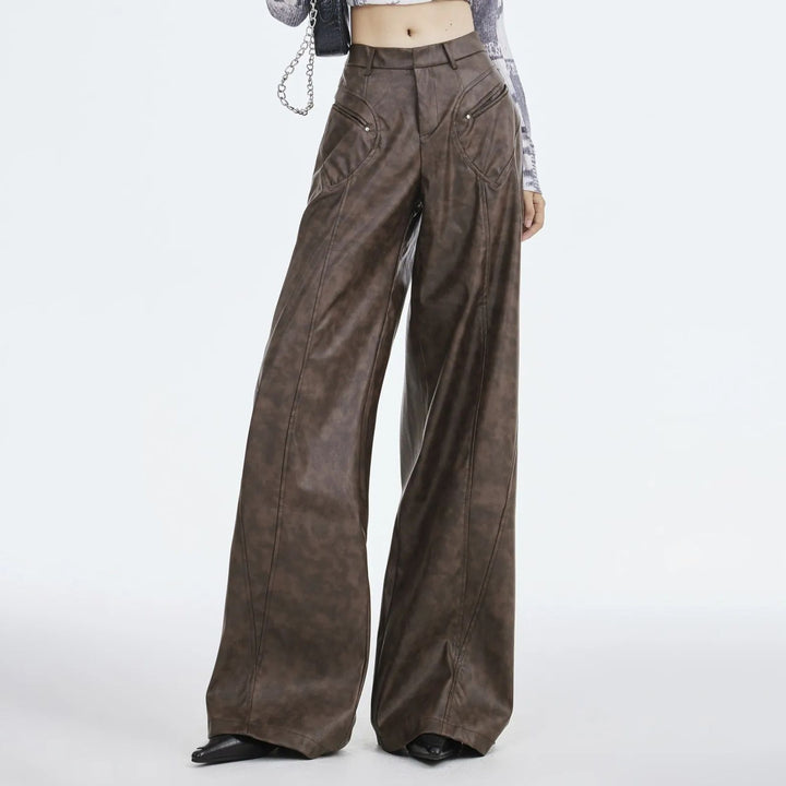 Faux Leather Wide Leg Trousers for Women