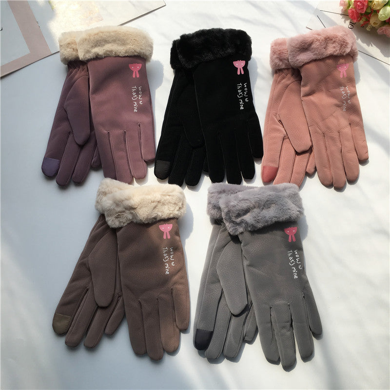 Autumn And Winter Women's Riding Gloves Korean Style Alphabet Cartoon Warm Double Layer Fleece-lined