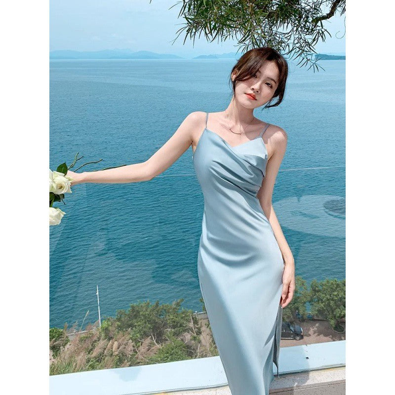 French Style Blue Sling Dress Women's Summer Satin