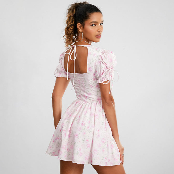 Floral V-Neck Mini Dress with Puff Sleeves