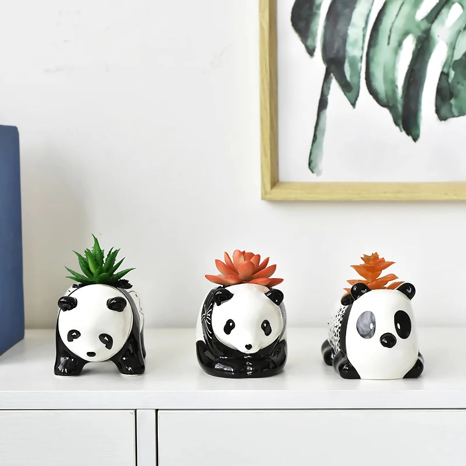 Cute Panda Ceramic Flower Pot - Black and White Cartoon Animal Planter for Home Decor