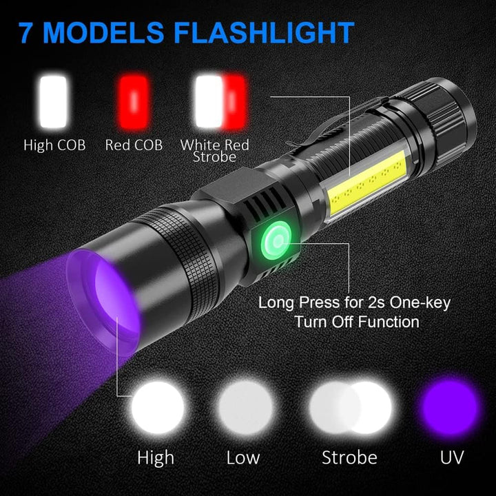 3-in-1 UV Black Light & Strong Beam Rechargeable Flashlight