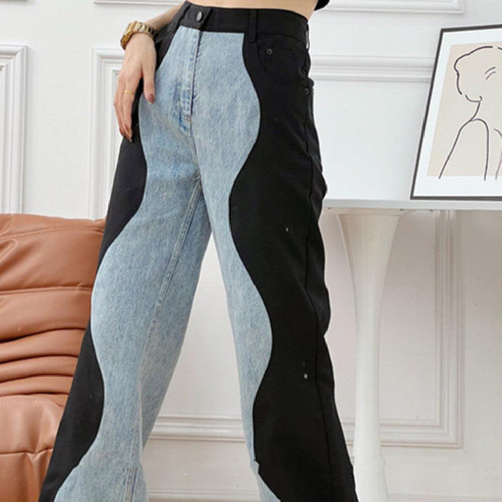 Black And Blue Wavy Denim Splicing Straight Wide Leg Pants - Trendha