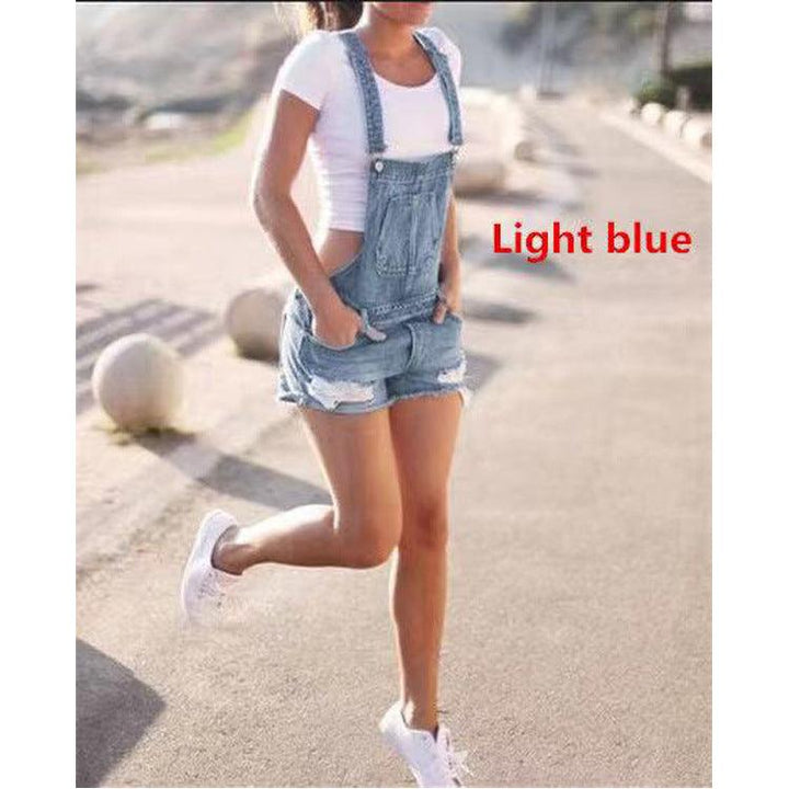 Blue Mid-waist Denim Dark Overalls Shorts - Trendha