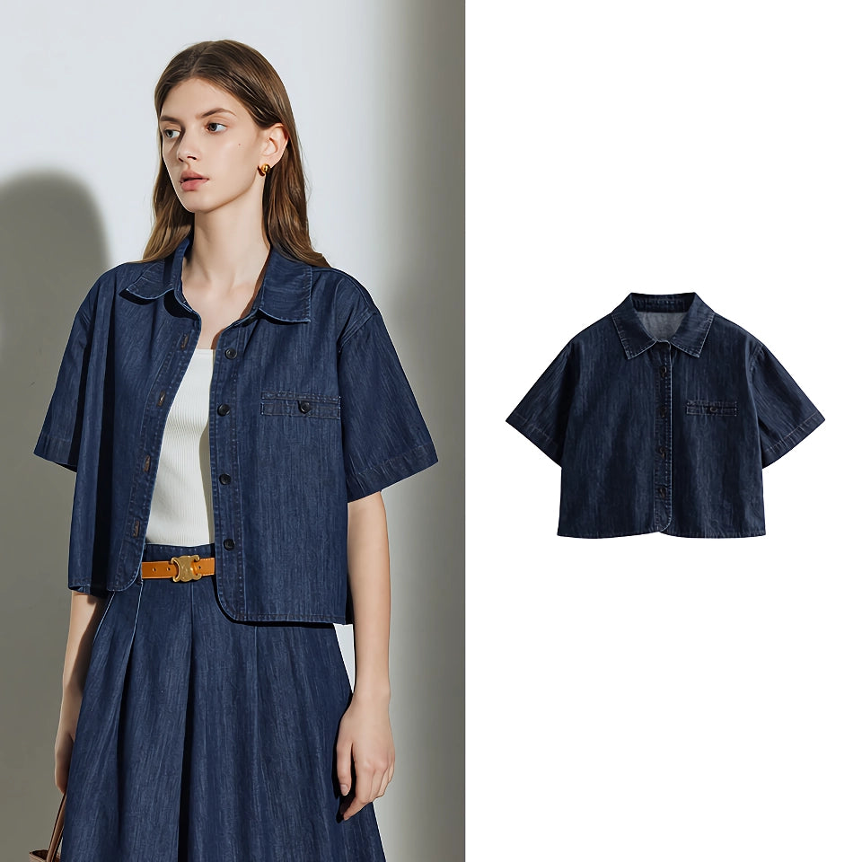 Denim Blouse Shirt - Turn Down Collar Short Sleeve Streetwear Top