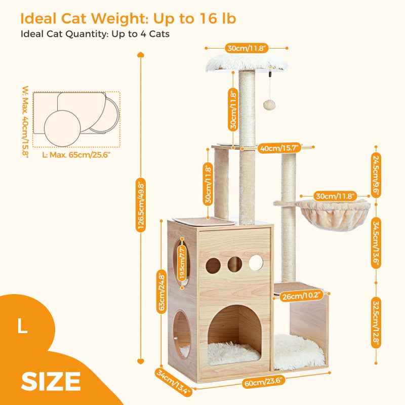 Wooden Cat Tree with Sisal Scratching Posts, Cozy Condo & Hammock