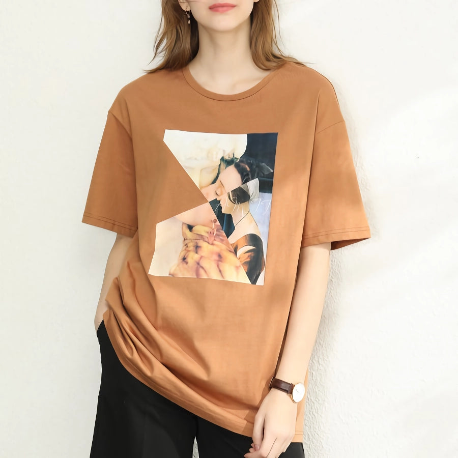 Vintage Patchwork Casual Loose Fit Cotton T-Shirts for Women