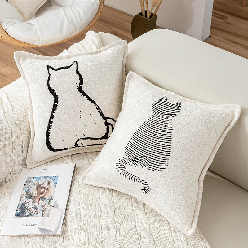 Nordic Cat Print Cushion Cover - Cute Plush Pillow Case for Autumn Home Decor