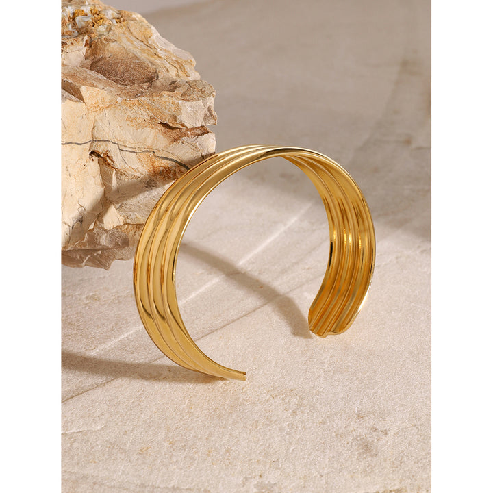 18K Gold Plated Triple-Layer Tubular Glossy Open Cuff Bracelet