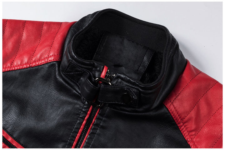 Motorcycle Stitching Leather Jacket Men Stand Collar Retro