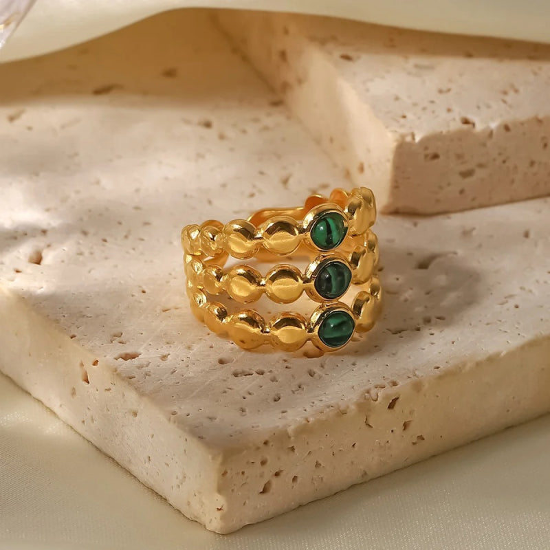 18K Gold Plated Green Malachite Triple Layer Adjustable Ring