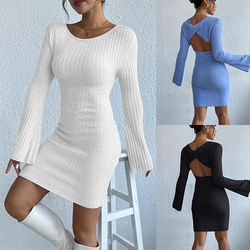 Women Backless Solid Color Long Sweater Dress Bell Sleeve