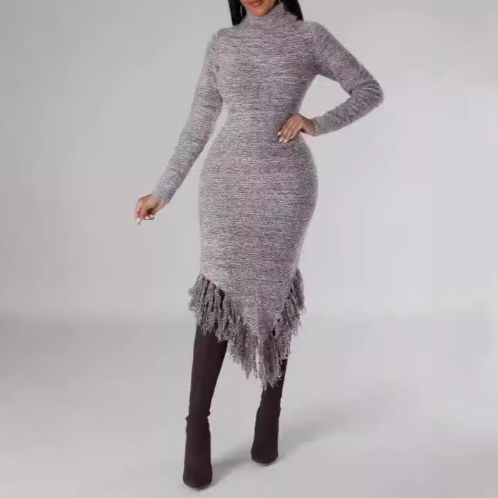 Round Neck Long Sleeve Tassel Dress Women