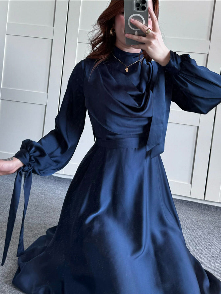 Satin Plunge Collar Long-Sleeve Strappy Maxi Dress