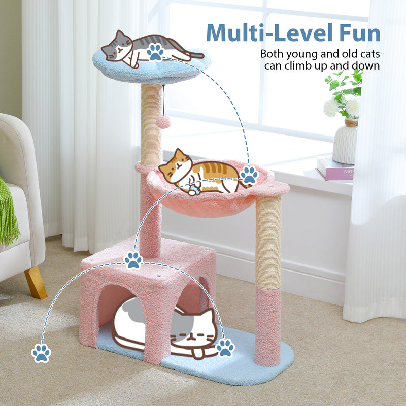 Cute Flower Cat Tree with Condo, Hammock & Sisal Scratching Posts for Indoor Kittens