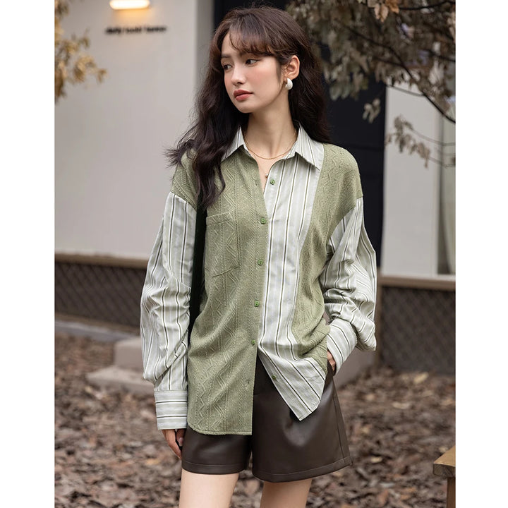 Autumn Korean Knitted Patchwork Striped Turndown Collar Casual Tops for Women