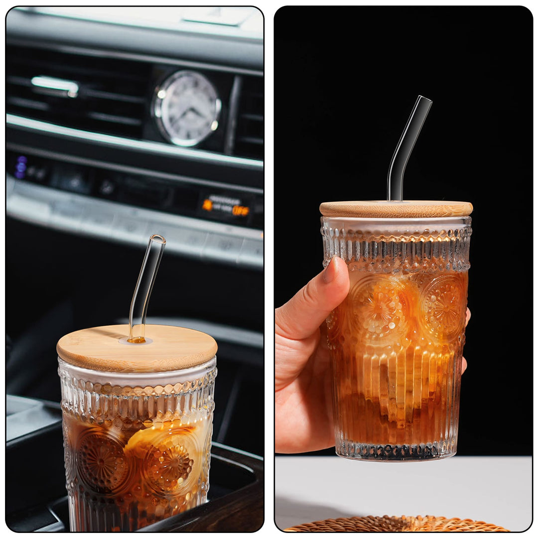 350ML Transparent Glass Cup with Wooden Lid & Straw