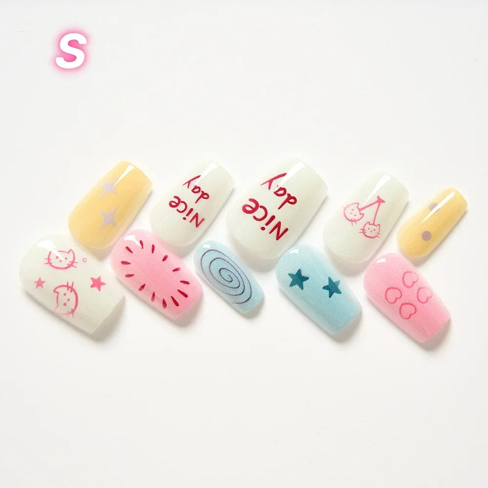 10-Piece Cute Cat & Star French Tip Press-On Nails - Glossy Gradient Full Cover Nails