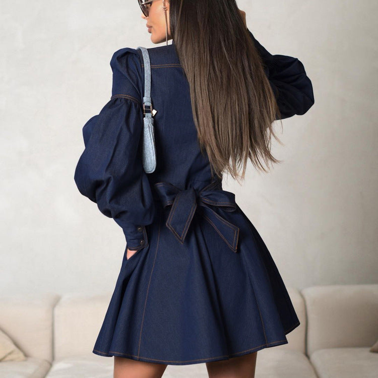 Lantern Sleeve Lace-up Denim Shirt Dress