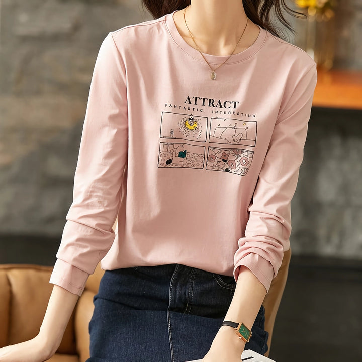 Cotton Cartoon Printed O-Neck Women’s Autumn Pullover