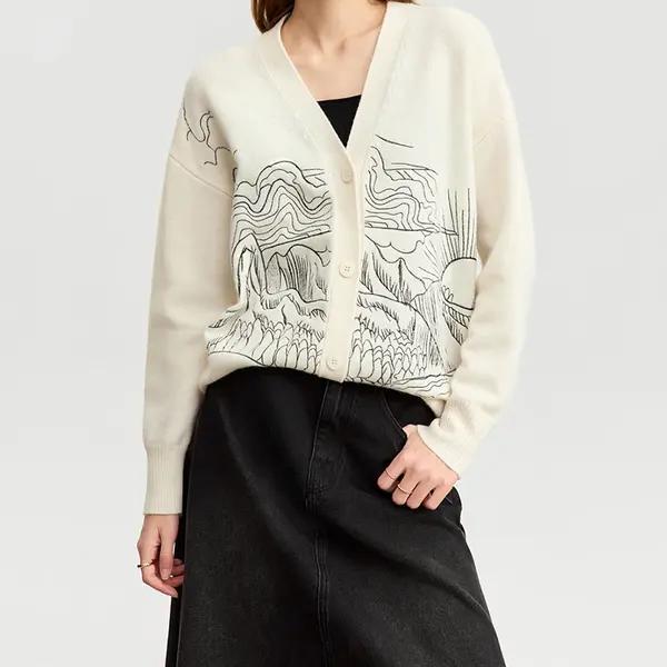 Autumn Wool Cardigan Women V-Neck Embroidered Loose Knitted Sweater