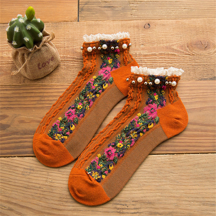 Retro Lolita Floral Pearl Ankle Socks