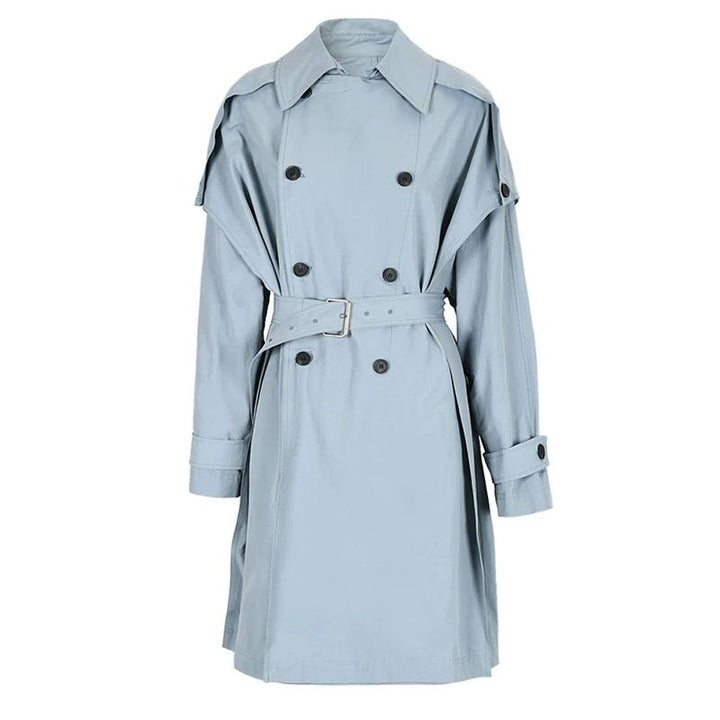 Gray Blue Bat Sleeve Trench Coat with Double Breasted Design