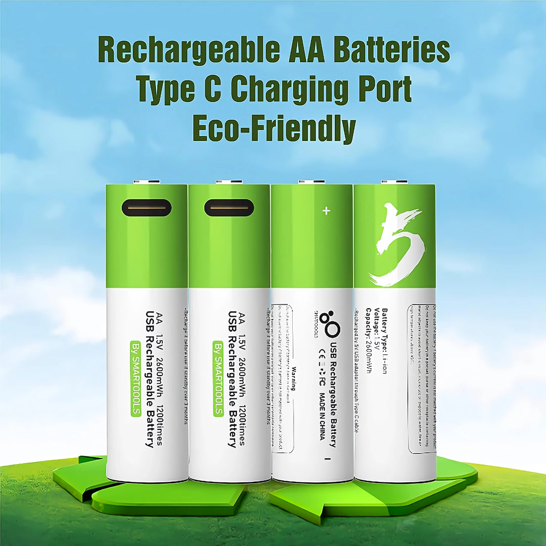 USB Rechargeable AA 1.5V 2600mAh Lithium Batteries (4pcs) for Remote Controls, Toys + Cable