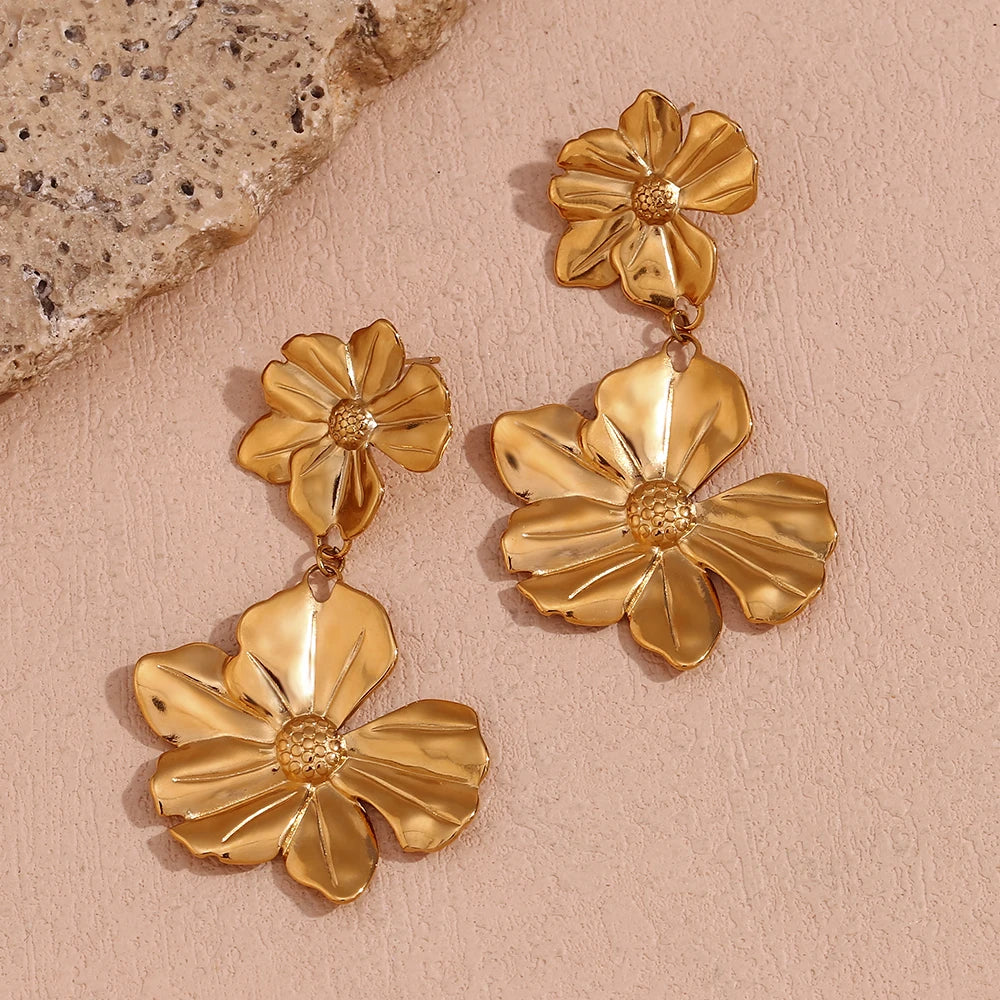 18K Gold Plated Two Flower Drop Earrings - Waterproof & Tarnish Free Stainless Steel