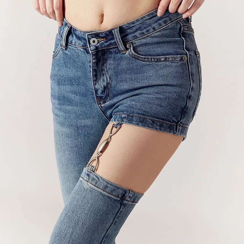 High Waist Hollow Out Chain Spliced Slim Flare Jeans