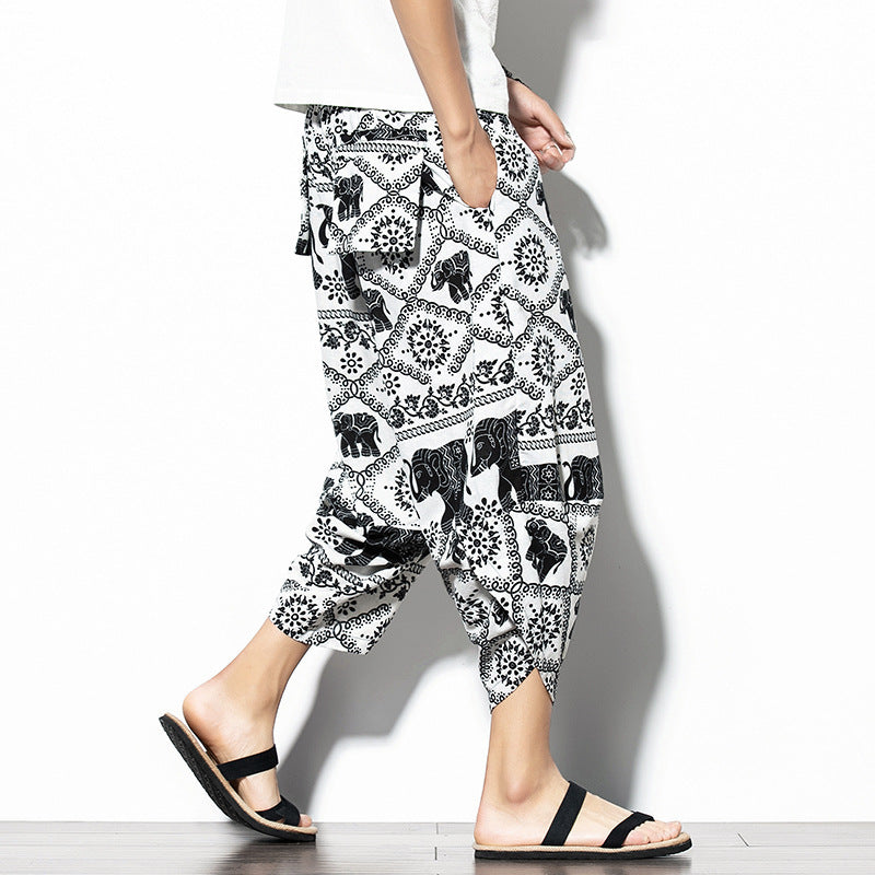 Printed Pants Baggy Cotton And Linen Loose Casual Cropped Pants