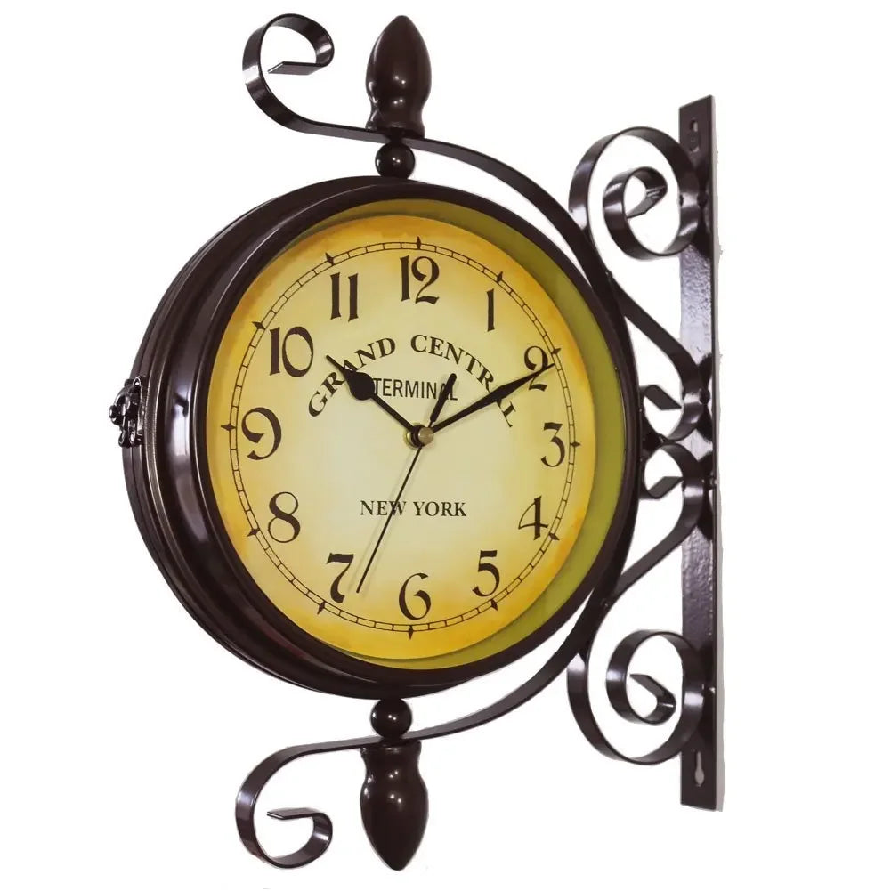 Vintage Brown Double-Sided Hanging Wall Clock