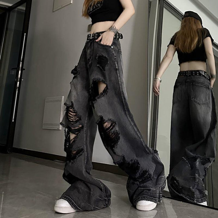 Dark black denim ripped wide leg jeans - Trendha
