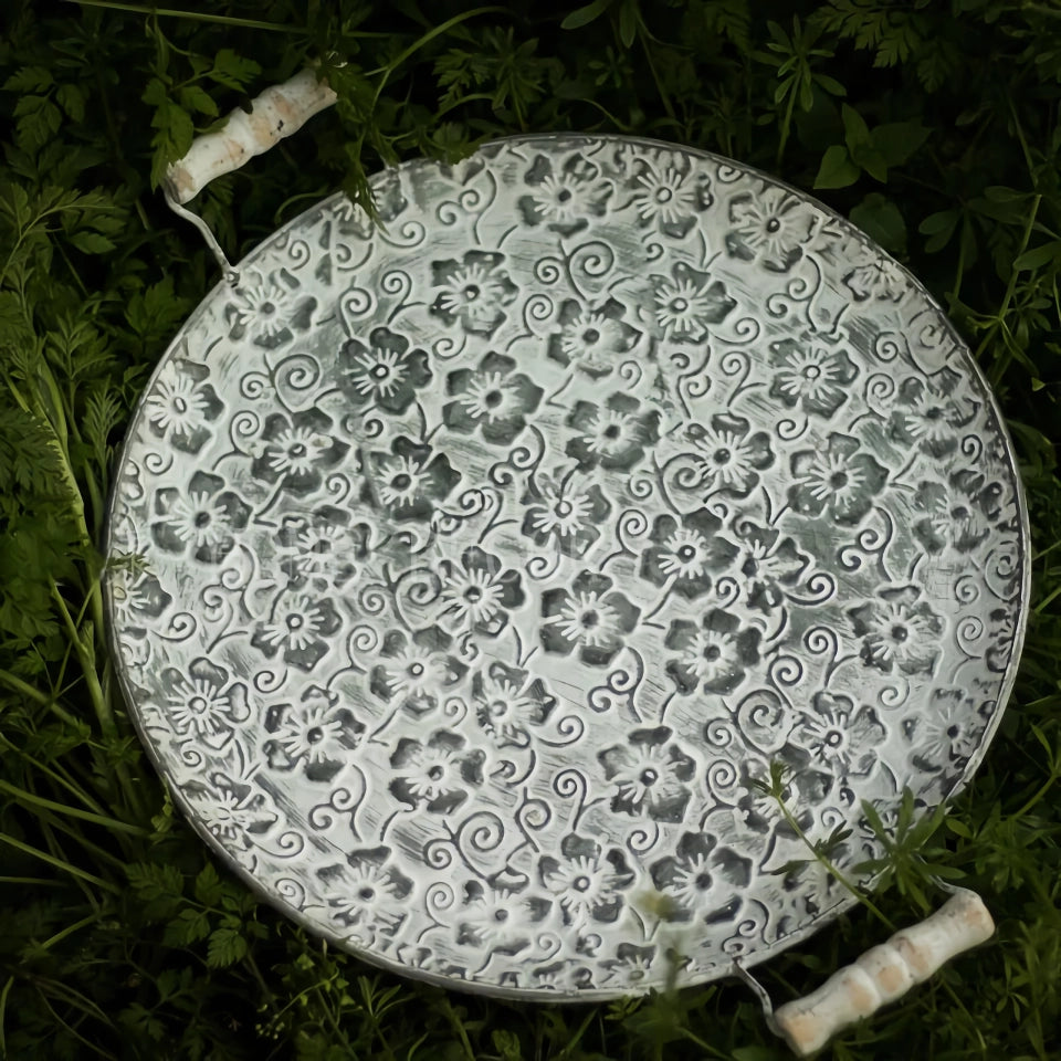 Handcrafted Round Metal Antique Serving Tray with Wood Handles