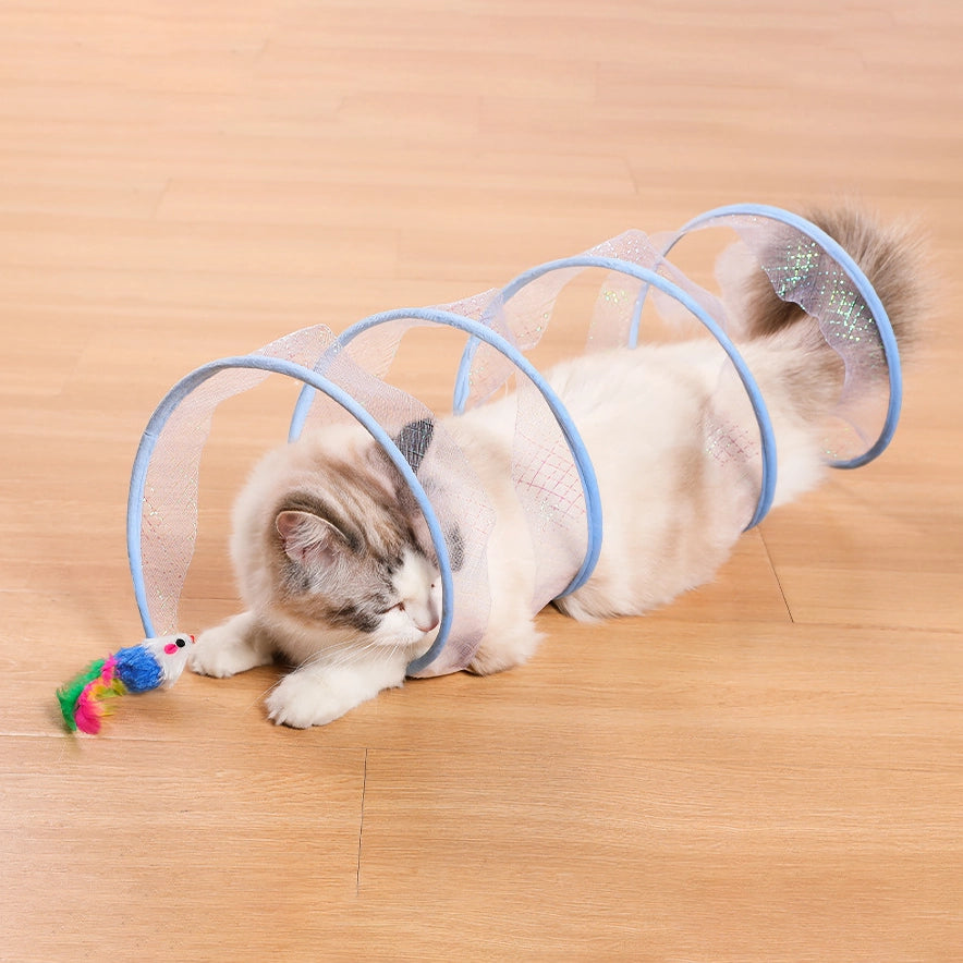 Interactive Foldable Cat Tunnel with Feather Toys and Mouse