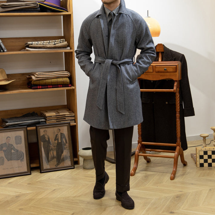 Japanese Leisure Mid-length Coat Herringbone Wool Slim Fit