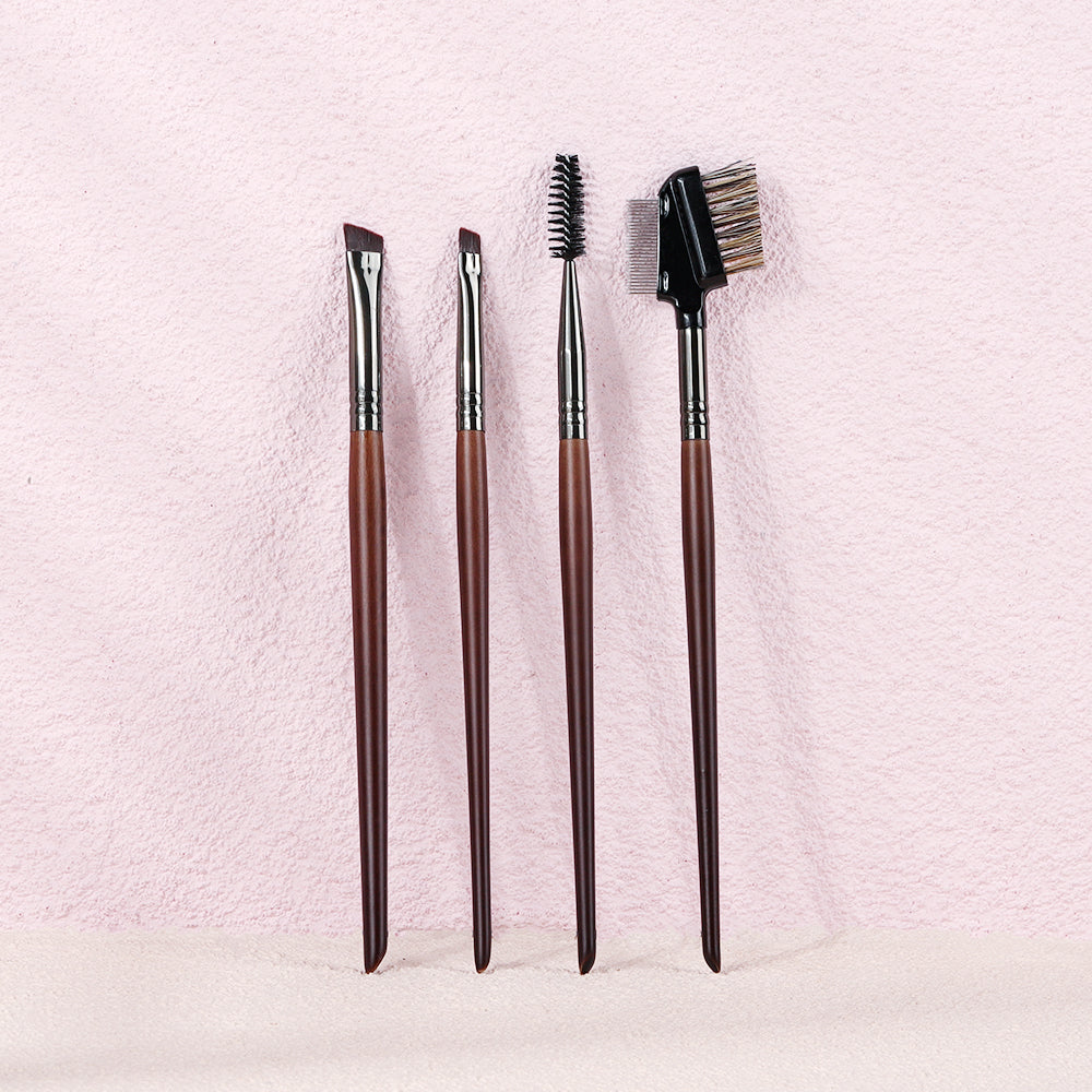 4-Piece Angled Eyebrow and Eyeliner Brush Set with Wood Handle