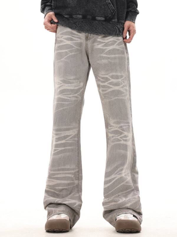 Retro Washed Striped Distressed Dirty Mud Gray Straight Jeans