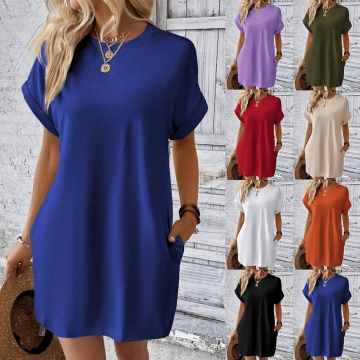 Loose Short Sleeve Dress With Pockets Summer Casual Solid Color Round Neck Straight Dresses Womens Clothing