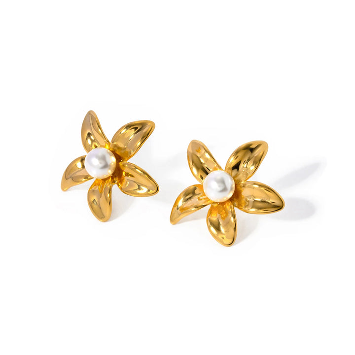 18K Gold Flower Shaped Stainless Steel Earrings with Pearl Inlay