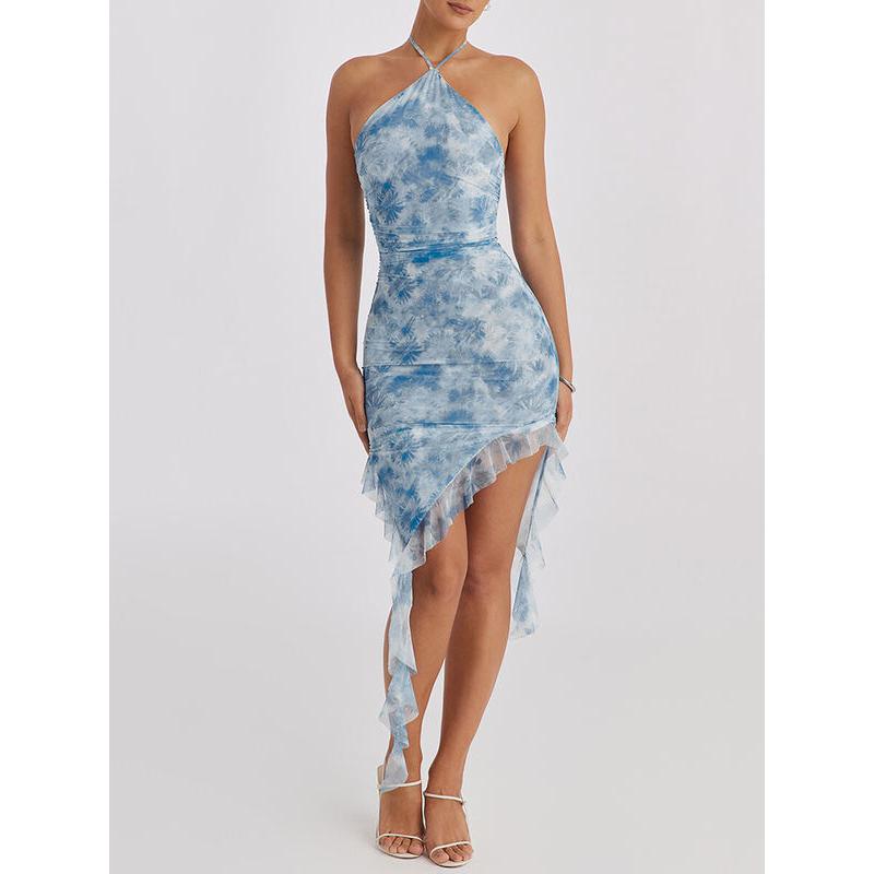 Summer Elegance Blue Floral Ruffle Mini Dress