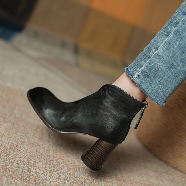 Stylish Cowhide Ankle Boots with Buckle and Thick Heel