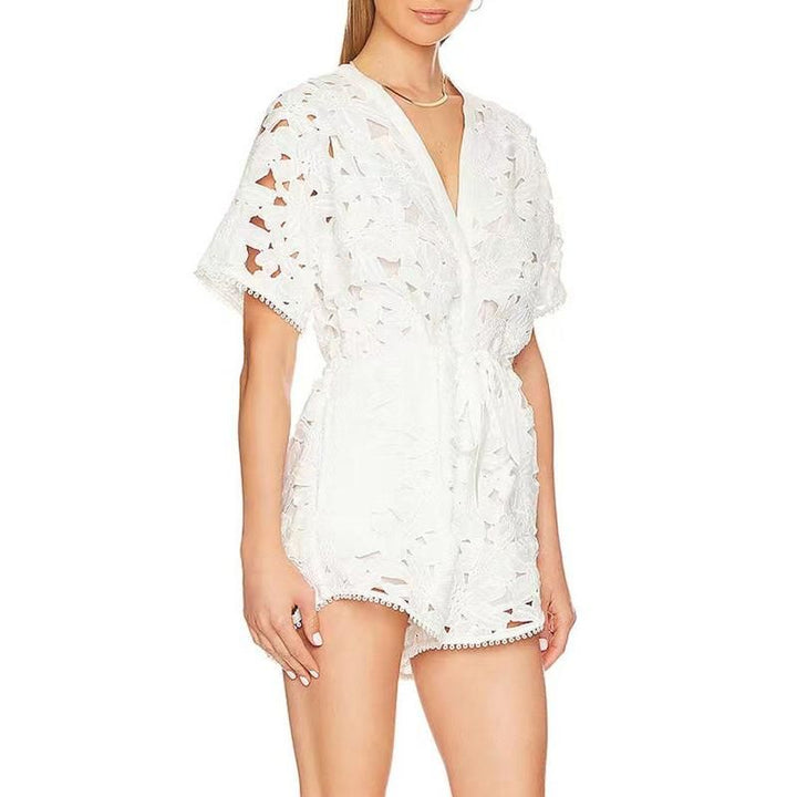 Elegant Embroidered Hollow-Out Playsuit