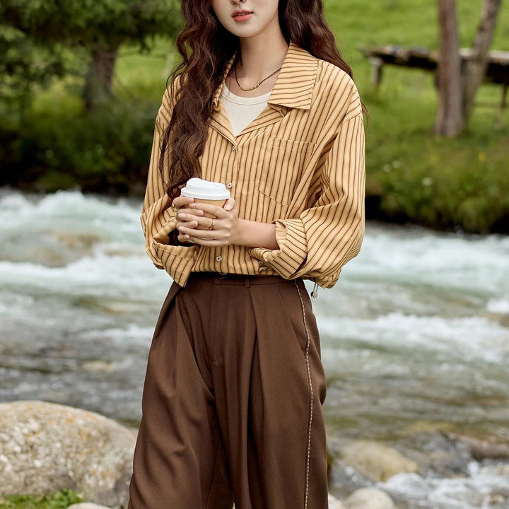 Asymmetric Stripe Lapel Collar Two-Piece Splicing Shirt