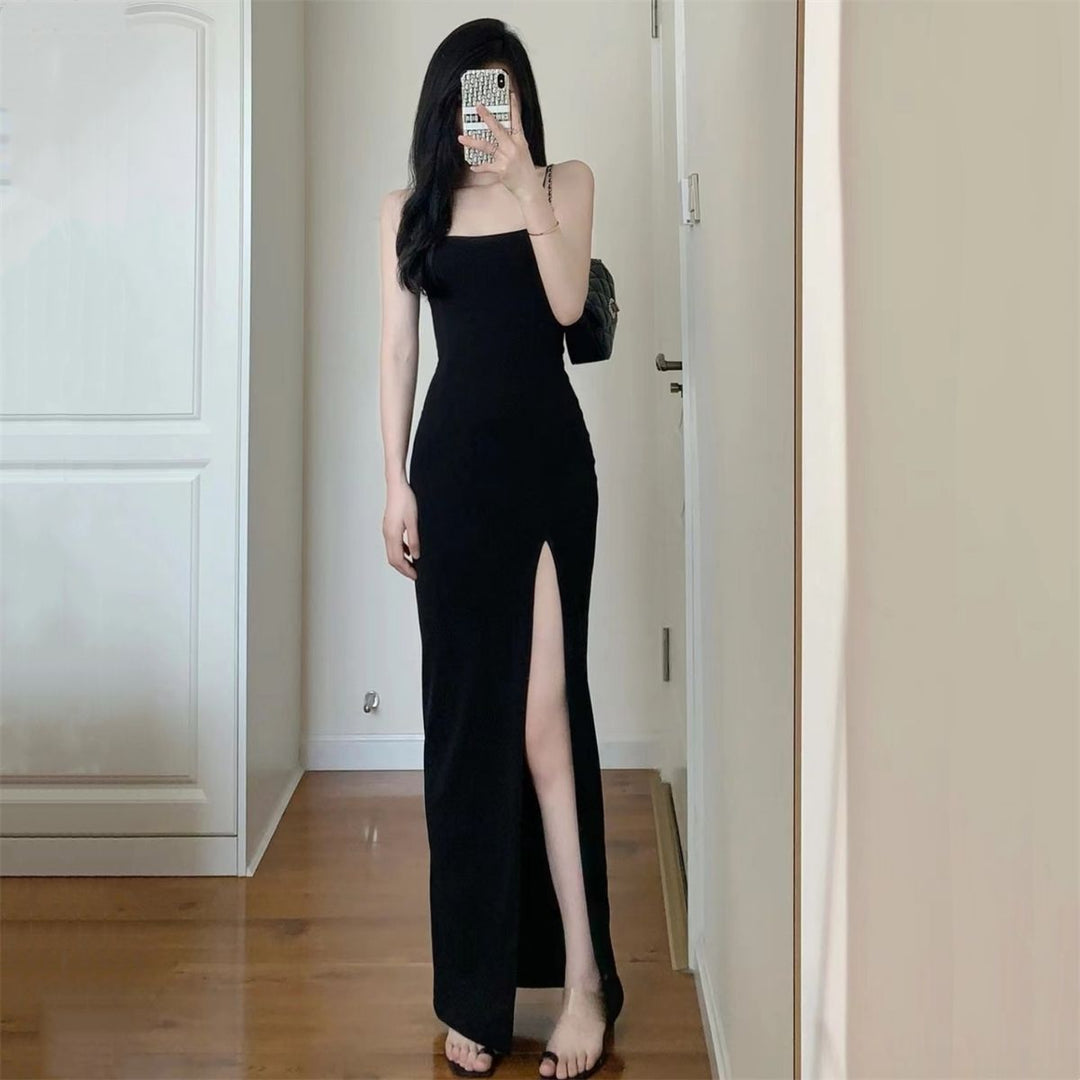 Young Hot Girl Pure Desire Style Design Sense Adult Lady Like Woman Black Slit Hip Dress