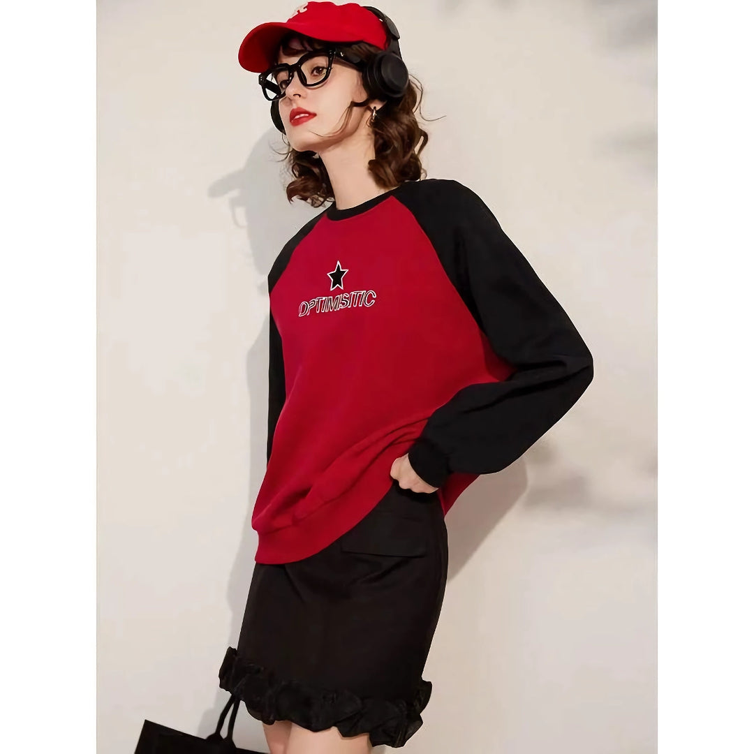 Sweatshirt Round Neck Long Sleeve Embroidered Loose Fit Pullover Top